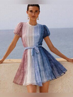 NWT BCBG Maxazria 100% Silk Chiffon Ombre Flowy Pleated Dress Pink Blue Ivory S
